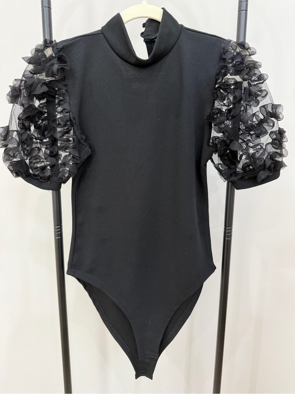 Black Puff-Sleeve Turtleneck Bodysuit
